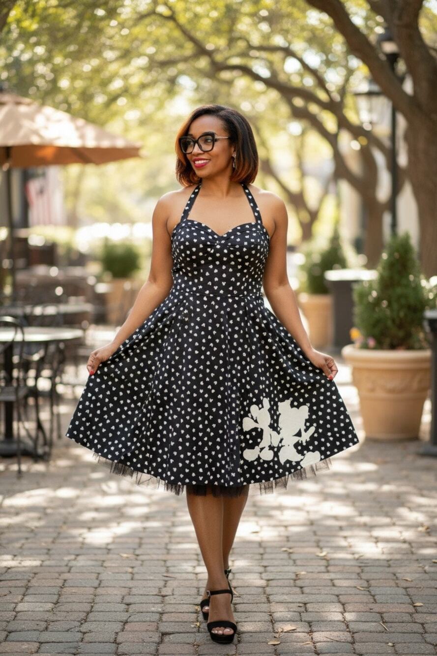 Disney Black & Cream Halter Fit & Flare Dress with Tulle Detail Hem sz 24